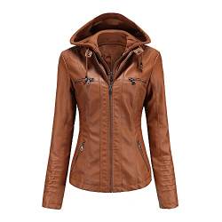 ATZTD Damen Casual Stehkragen Abnehmbare Kapuze PU Lederjacke Kunstleder Jacke von ATZTD