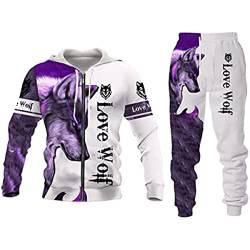 Herren Anzug Löwe Wolf 3D gedruckt Hoodie Hose Anzug Männlich Herbst Freizeit Trainingsanzug Tiere (Wolf 1,M) von ATZTD