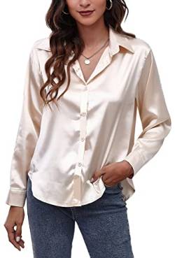 AUBIG Damen Bluse Satin Seide V-Ausschnitt Langarmshirt Casual Oberteile Locker Hemd Einfarbig Lose Elegant Langarm Business Tops Champagner S von AUBIG