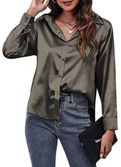 AUBIG Damen Bluse Satin Seide V-Ausschnitt Langarmshirt Casual Oberteile Locker Hemd Einfarbig Lose Elegant Langarm Business Tops Dunkelgrau S von AUBIG