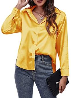 AUBIG Damen Bluse Satin Seide V-Ausschnitt Langarmshirt Casual Oberteile Locker Hemd Einfarbig Lose Elegant Langarm Business Tops Gelb S von AUBIG