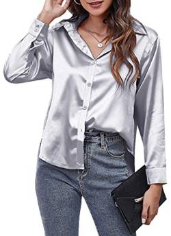 AUBIG Damen Bluse Satin Seide V-Ausschnitt Langarmshirt Casual Oberteile Locker Hemd Einfarbig Lose Elegant Langarm Business Tops Grau L von AUBIG