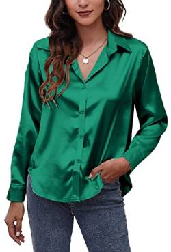 AUBIG Damen Bluse Satin Seide V-Ausschnitt Langarmshirt Casual Oberteile Locker Hemd Einfarbig Lose Elegant Langarm Business Tops Grün XXL von AUBIG