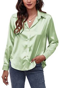 AUBIG Damen Bluse Satin Seide V-Ausschnitt Langarmshirt Casual Oberteile Locker Hemd Einfarbig Lose Elegant Langarm Business Tops Hellgrün XL von AUBIG