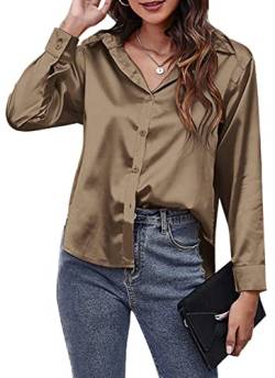 AUBIG Damen Bluse Satin Seide V-Ausschnitt Langarmshirt Casual Oberteile Locker Hemd Einfarbig Lose Elegant Langarm Business Tops Khaki L von AUBIG