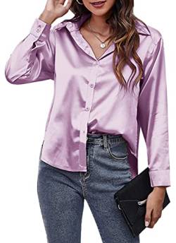 AUBIG Damen Bluse Satin Seide V-Ausschnitt Langarmshirt Casual Oberteile Locker Hemd Einfarbig Lose Elegant Langarm Business Tops Lila M von AUBIG