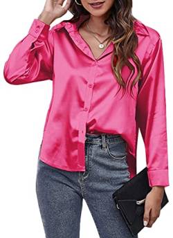 AUBIG Damen Bluse Satin Seide V-Ausschnitt Langarmshirt Casual Oberteile Locker Hemd Einfarbig Lose Elegant Langarm Business Tops Rosarot L von AUBIG