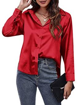 AUBIG Damen Bluse Satin Seide V-Ausschnitt Langarmshirt Casual Oberteile Locker Hemd Einfarbig Lose Elegant Langarm Business Tops Rot XXL von AUBIG