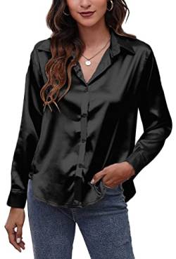 AUBIG Damen Bluse Satin Seide V-Ausschnitt Langarmshirt Casual Oberteile Locker Hemd Einfarbig Lose Elegant Langarm Business Tops Schwarz S von AUBIG