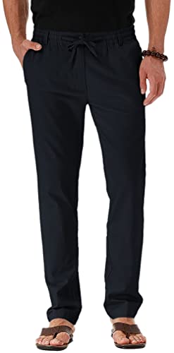 AUBIG Herren Stoffhose Freizeithose mit Taschen Herren Hose Leinenhose mit Kordel-Gürtel Sommerhose Businesshosen für Männer Navy Blau XL von AUBIG