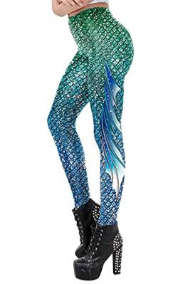 AUBIG Meerjungfrau Leggings Damen Kostüm Fischschuppen Scale Glänzend Strumpfhose Hüfthose Hose Skinny Pants für Karneval Kostüm L von AUBIG