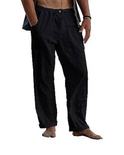 AUDATE Casual Leinenhose für Herren Knopfleiste Baumwolle Lange Hosen Elastischer Bund mit Kordelzug Schwarz XL von AUDATE