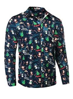 AUDATE Christmas Hemd für Herren Schneeflocken Weihnachtsmann Schneemann Bedruckt Freizeithemden Marine XL von AUDATE
