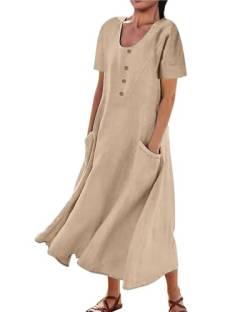 AUDATE Damen Kleider Sommer Rundhals Großes Lang Kleid Oversized Baumwolle Leinenkleid Maxikleid mit Taschen Khaki S von AUDATE