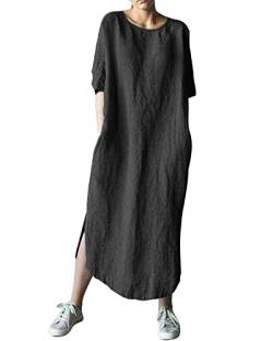 AUDATE Damen Leinen Baumwolle Lang Kleid Beiläufige Langarm Lose Maxikleider Kaftan, Schwarz, DE 36 (Herstellergröße: S) von AUDATE