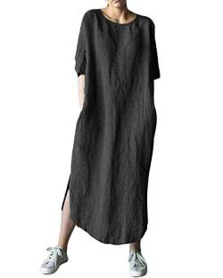 AUDATE Damen Leinen Baumwolle Lang Kleid Beiläufige Langarm Lose Maxikleider Kaftan, Schwarz, DE 44 (Herstellergröße: 2XL) von AUDATE