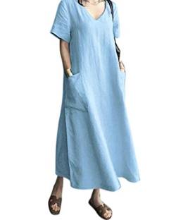 AUDATE Damen Sommer V-Ausschnitt Kurzarm Maxikledi Baumwolle Loose Kaftan Lang Kleid Hellblau 4XL von AUDATE