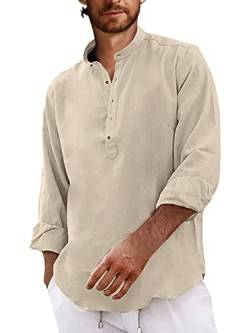 AUDATE Freizeithemd für Herren Baumwolle Leinen Hemd Männer Henley Shirts Langarm Beach Shirt Khaki 3XL von AUDATE