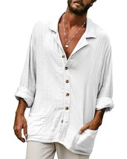 AUDATE Freizeithemden für Herren Langarm Hemd Baumwolle Leinen Hemd Vintage Button Down Casual Strand Tops Weiß XXL von AUDATE