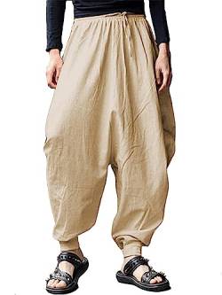 AUDATE Haremshosen Herren Baumwolle Leinen Yoga Pants Trousers Männer Lange Hosen Baggy Harem Hose Khaki XL von AUDATE