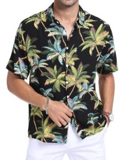 AUDATE Hawaii Hemd Männer Funky Hawaiihemd Herren Kurzarm Button Down Hawaii-Print Shirts Schwarz L von AUDATE