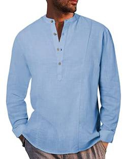 AUDATE Hemd Herren Henley Shirt Button Sommerhemd Freizeithemd Länge Ärmel Kragenloses Hemd Blau 3XL von AUDATE