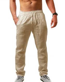 AUDATE Herren Baumwolle Leinenhose Sommerhose Lang Casual Strandhosen mit Kordelzug Khaki 3XL von AUDATE