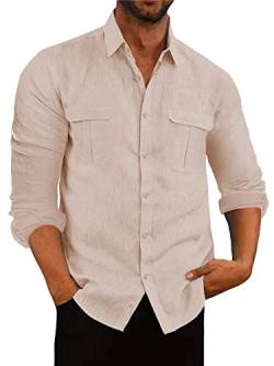 AUDATE Herren Baumwolle Linen Hemd Langarm Einfarbig Freizeithemd Mann Casual Shirts Khaki XXL von AUDATE