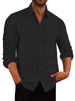 AUDATE Herren Freizeithemd Baumwolle Hemden Button Langarm Hemd Solid Shirts Mit Tasche Schwarz L von AUDATE