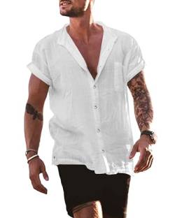 AUDATE Herren Freizeithemd Baumwolle Leinenhemd Kurzarm Henley Shirt Sommer Strand Hemd Weiß 3XL von AUDATE