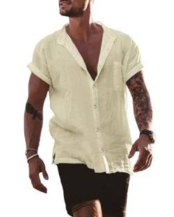 AUDATE Herren Freizeithemd Casual Sommer Leinen Hemd Button Kurzarm Mens Henley Shirts Beige M von AUDATE