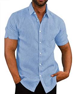 AUDATE Herren Freizeithemd Leinen Kurzarm Hemd Casual Sommer Beach Shirts Blau L von AUDATE