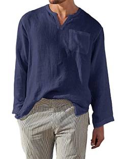 AUDATE Herren Freizeithemd V-Ausschnitt Einfarbig Hemden Lang Ärmel Roll Up Henley Shirt Marineblau M von AUDATE