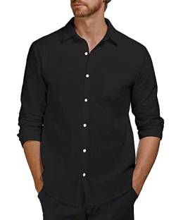 AUDATE Herren Freizeithemden Leinen Langarmtops Arbeit Businesshemd Regular Fit Hochzeitshemd Schwarz 3XL von AUDATE