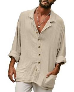 AUDATE Herren Freizeithemden Sommer Hemd Herren Langarm Baumwolle Leinenhemd Regular Fit Men's Casual Shirts Khaki L von AUDATE