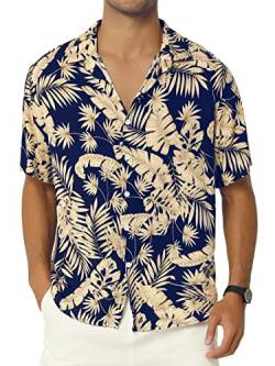 AUDATE Herren Hawaiihemd Kurzarm Urlaub Sommer Bedruckter Strand Beilaufig Hawaii Hemd Marine 3XL von AUDATE