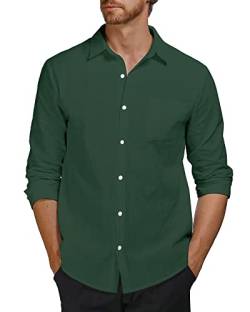 AUDATE Herren Hemden Leinen Freizeithemd Klassisch Langarm Casual Button Shirts Einfarbig Heimhemden Grün M von AUDATE