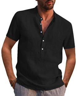 AUDATE Herren Hemden Leinen Henley Shirt Kurzarm Basic Shirt Summer Beach Shirts Schwarz L von AUDATE