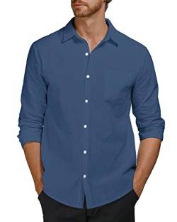 AUDATE Herren Langarm Baumwollhemd Casual Shirts Leinenhemd Sommer Strand Hemden mit Tasche Meeresblau L von AUDATE