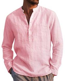 AUDATE Herren Leinen Baumwolle Hemden Henley Shirt Langarm Roll-up Basic Shirt Rosa 3XL von AUDATE