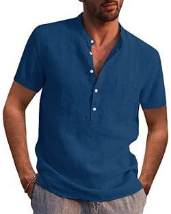 AUDATE Herren Leinenhemd Baumwolle Hemd Sommer Strand Kurzarm Freizeithemd Henley Shirts Blau M von AUDATE