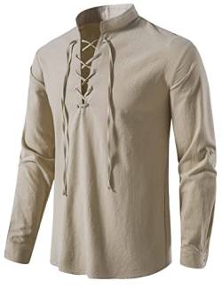 AUDATE Herren Leinenhemd Baumwolle Klassisches Langarmhemd Schnürhemd Schottisches Ghilliehemd Khaki 3XL von AUDATE