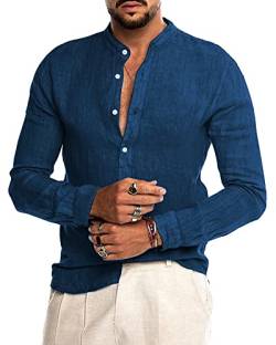 AUDATE Herren Leinenhemd Langarm Hemden Strand Sommerhemd Herren Freizeithemd Shirt Blau XL von AUDATE