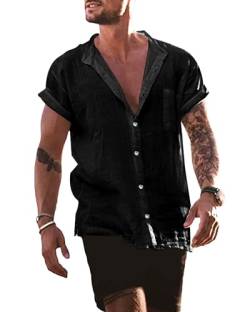 AUDATE Herren Leinenhemd Sommer Casual Henley Shirts Kurzarm Strand Hemd Freizeithemd Schwarz L von AUDATE