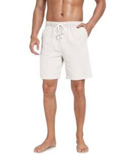 AUDATE Herren Leinenshorts Leichte Luftige Sommershorts Einfarbige Lockere Passform Kurze Freizeithose Weiß L von AUDATE