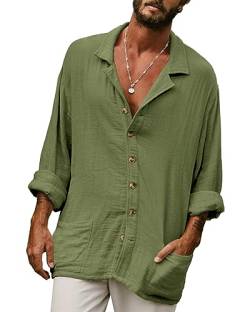 AUDATE Herren Sommerhemd Langarm Strand Hemden Leinen Freizeithemd Casual Summer Beach Cotton Linen Shirt Armeegrün L von AUDATE