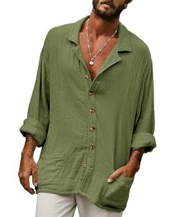 AUDATE Herren Sommerhemd Langarm Strand Hemden Leinen Freizeithemd Casual Summer Beach Cotton Linen Shirt Armeegrün XL von AUDATE