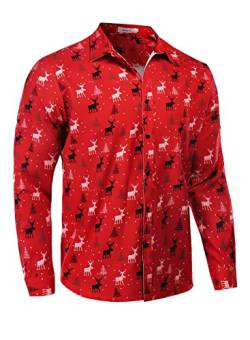 AUDATE Herren Weihnachtsferienhemd Cartoon Santa Print Hemd Button Down Langarmhemd Businesshemd Red 3XL von AUDATE