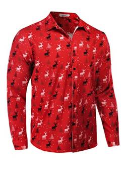 AUDATE Herren Weihnachtsferienhemd Cartoon Santa Print Hemd Button Down Langarmhemd Businesshemd Red L von AUDATE