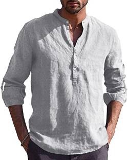 AUDATE Leinenhemd Herren Baumwolle Herren Hemden Langarm Sommer Henley Shirts Freizeithemd Hellgrau L von AUDATE